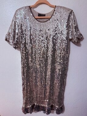 Vintage Royal Feelings 100% Silk Silver Sequin Dress Evening Wear Costume NYE M